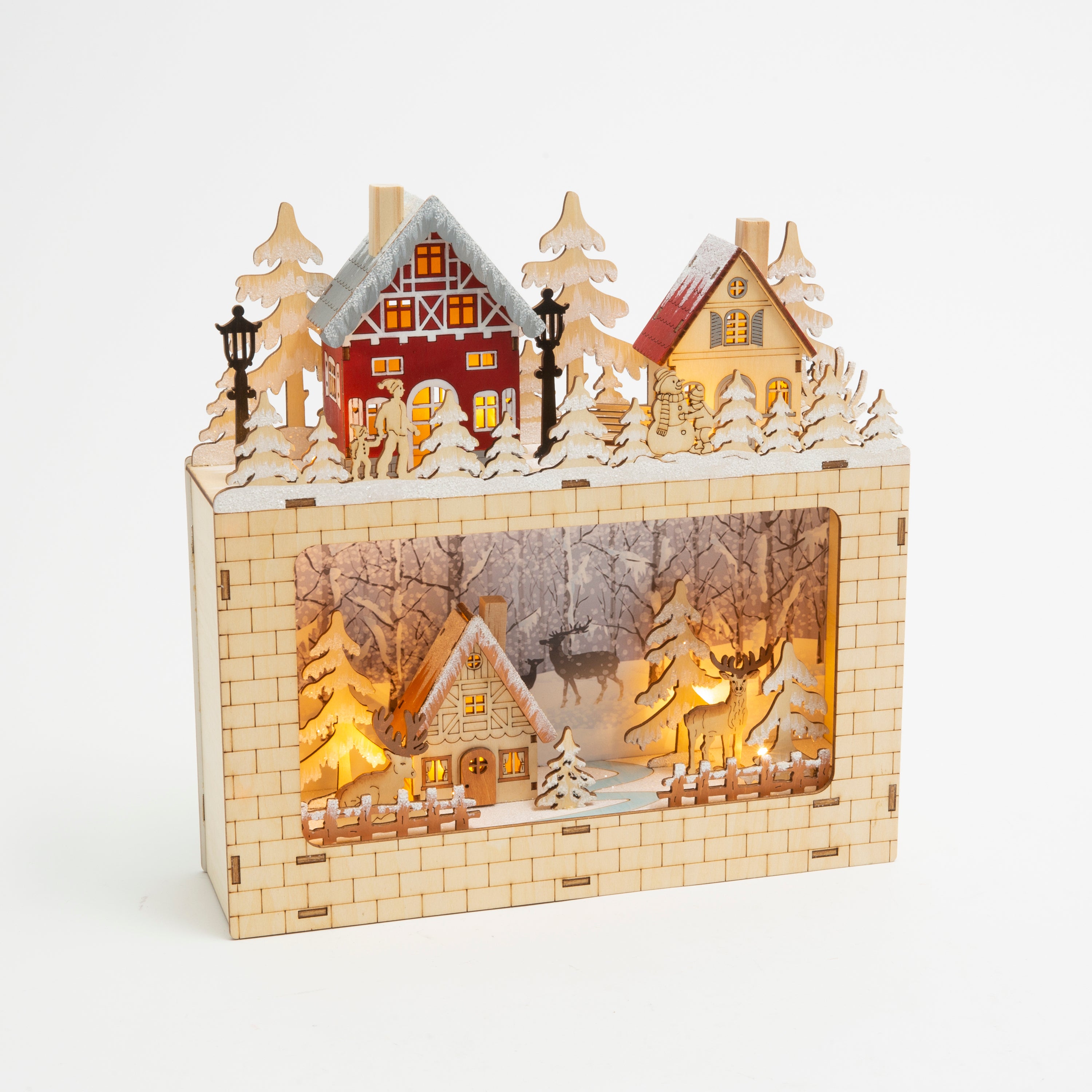 Romantic 11.8 in H Battery Operated Lighted Laser Cut Wood Holiday Village Scene